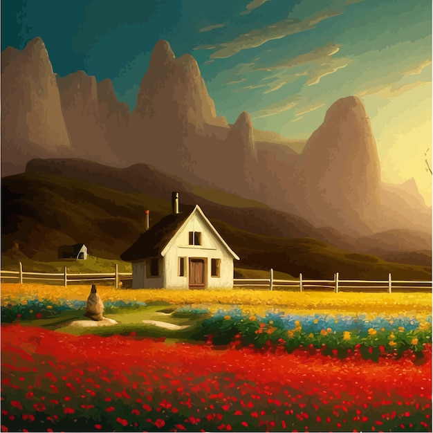 Vektor landschaft mit haus und blumigen roten feldern vor hintergrundgebirgsvektorillustration im