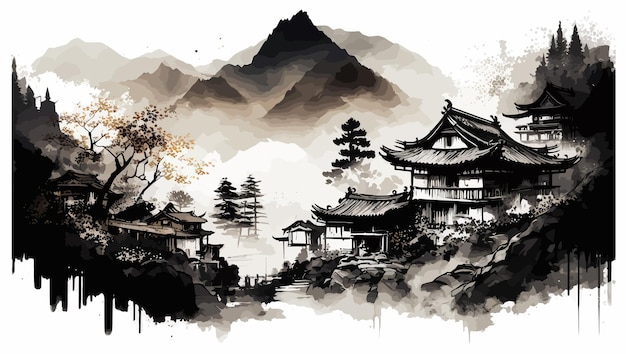 Landschaft mit nebligen Waldbergen im traditionellen orientalischen minimalistischen japanischen Stil Vektorillustration