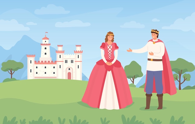 Landschaft mit prinz und prinzessin. cartoon märchenschloss und charakter. fantasy magisches königreich, mittelalterlicher europäischer vektorhintergrund. könig und königin europäisch, illustration der königreichsfestung im freien