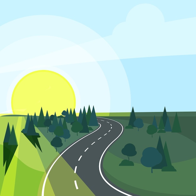 Landschaft mit Straße zur aufgehenden Sonne isoliert auf weißem Hintergrund