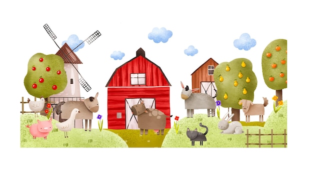 Vektor landschaft mit tierfarm und obstbäumen rinder und haustiere auf dem rasen barnyard cute handgezeichnete komposition für dekorationskarten und einladungen