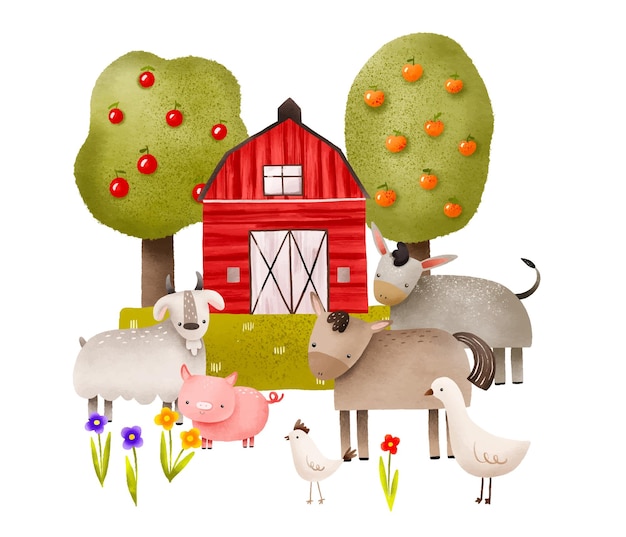 Vektor landschaft mit tierfarm und obstbäumen rinder und haustiere auf dem rasen barnyard cute handgezeichnete komposition für dekorationskarten und einladungen