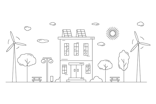Landschaft mit wohngebäude, gezeichnet von höhenlinien auf weißem hintergrund. bearbeitbarer strich. energie sparen. öko-energie. vektor-illustration
