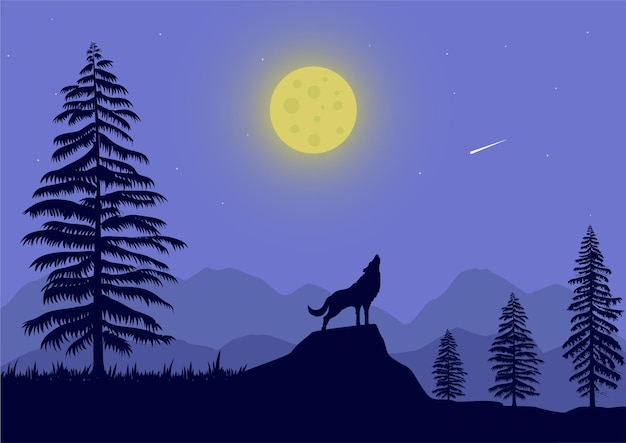 Landschaft mit wolfs- und mondschattenbild-vektorillustration