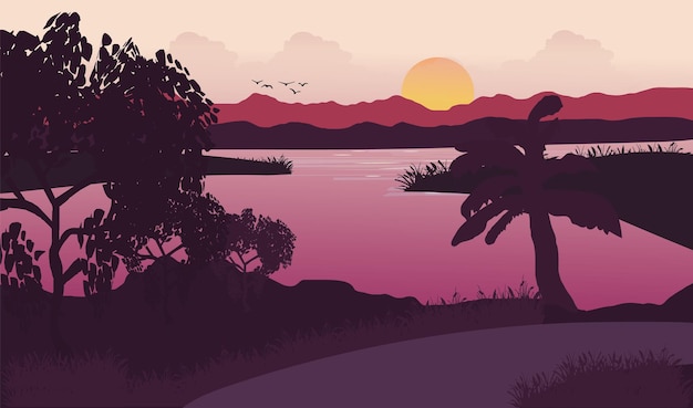 Landschaft Schöne Vektorillustration - Friedlicher warmer Sonnenaufgang über Bergen, Ozean und Wald.