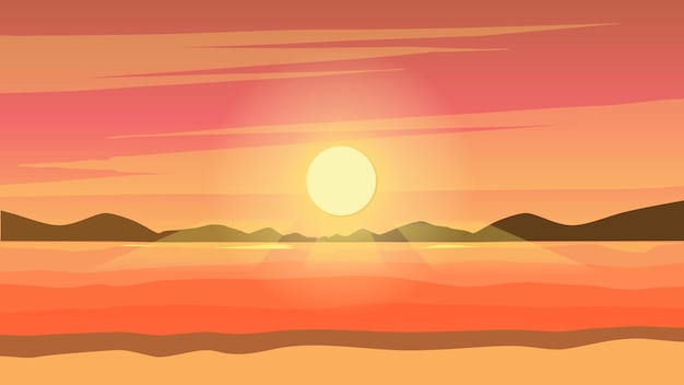 Landschaft sonnenuntergang küste über berg. vektor-illustration