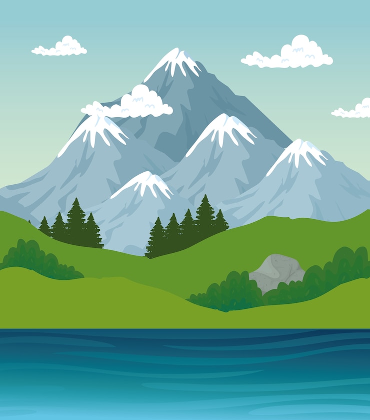 Vektor landschaft von gebirgskiefern und flussdesign, natur und im freien