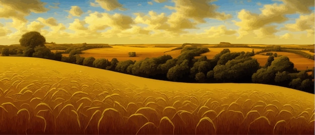 Landschaftliche Landschaft mit Weizenfeldern und gelben Bäumen und Himmel auf Vektorillustration im Hintergrund