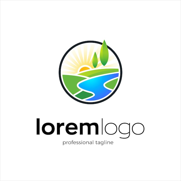 Landschafts-sonnenaufgang-logo mit fluss und bäumen