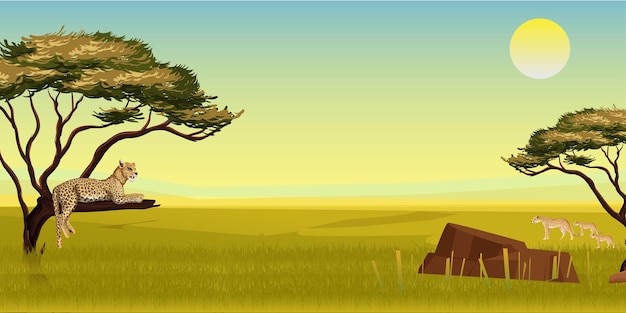 Landschaftsillustration mit Gepardenfamilie