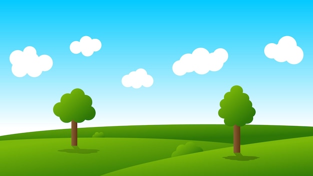 Landschaftskarikaturszene mit grünen bäumen auf hügeln und weißer wolke im hintergrund des blauen himmels