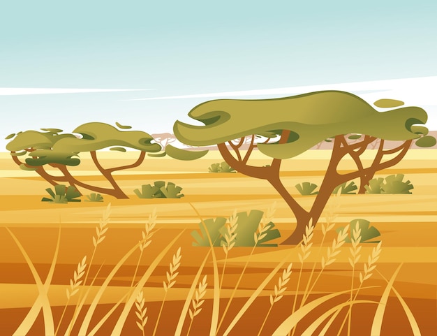 Vektor landschaftssavannenhintergrund mit gelbem gras des klaren himmels und flacher vektorillustrations-karikaturart des grünen baums