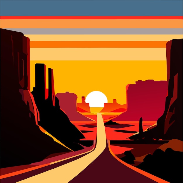 Vektor landschaftsvektorische illustration einer autobahn durch eine wüste mit einem sonnenuntergang im canyon