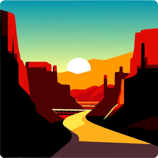 Vektor landschaftsvektorische illustration einer autobahn durch eine wüste mit einem sonnenuntergang im canyon