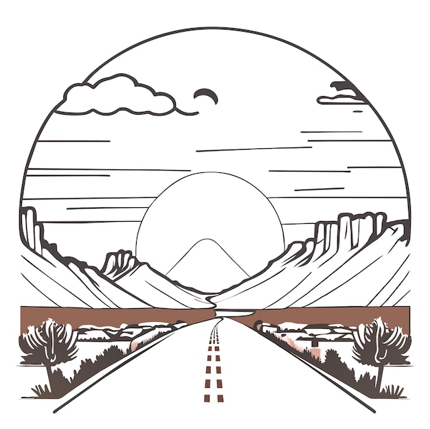 Landschaftsvektorische illustration einer autobahn durch eine wüste mit einem sonnenuntergang im canyon