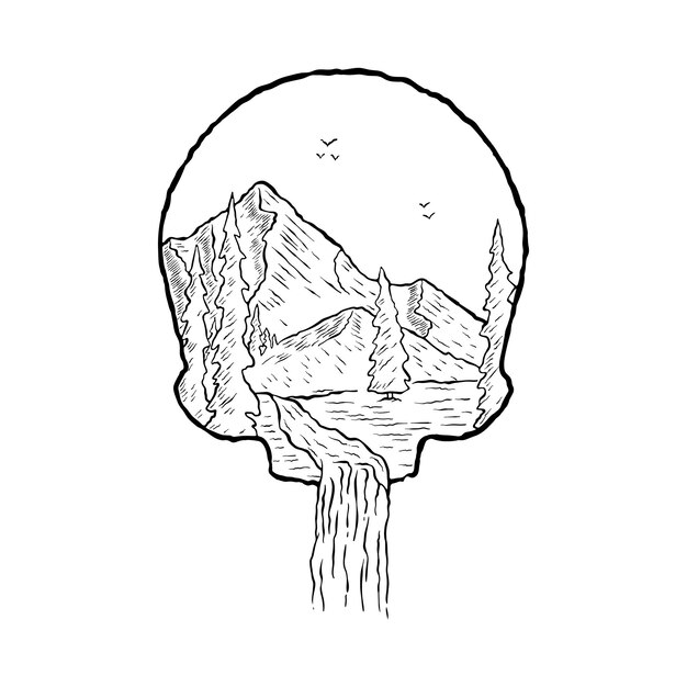 Landschaftszeichnung innerhalb des schädels mit schwarz-weißer handgezeichneter vektorillustration