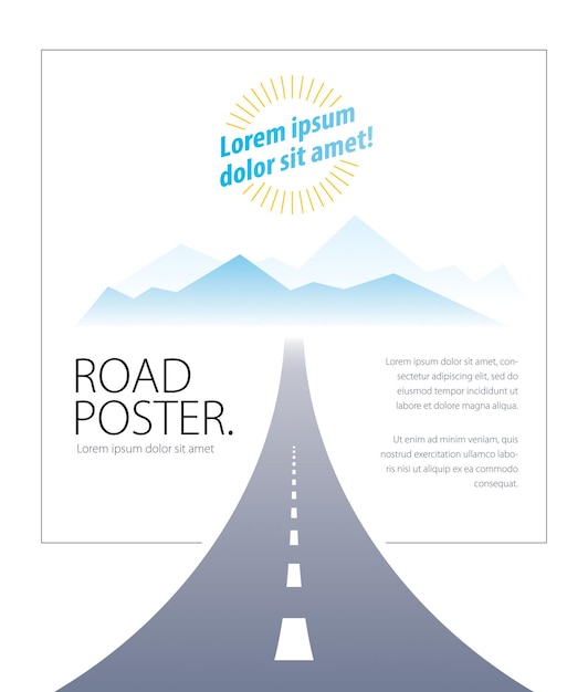 Landstraße Autobahn Vektor perfekte Design Illustration. Der Weg zur Natur, Berge und Felsen Tourismus und Reisethema. Kann als Straßenbanner oder Werbetafel mit Platz für Text verwendet werden.
