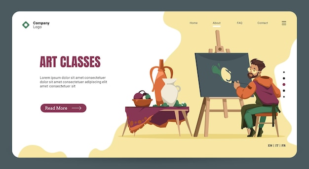Landungsseite der Kunstklasse Maler mit Pinselzeichnungen Stillleben auf Leinwand Cartoon farbenfrohes Vektorkonzept Zeichnung kreativer Materialien Illustration für Workshops Designs