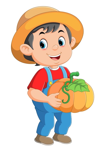Landwirt-Cartoon-Figur Fröhlicher Bauer hält Kürbisse