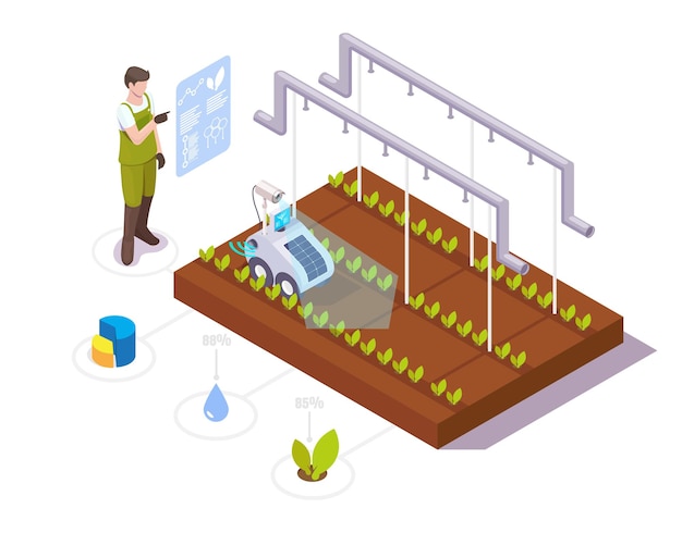 Vektor landwirt, der gewächshauspflanzenwachstumsanalyse mit robotertechnologien durchführt, isometrische vektorillustration ...