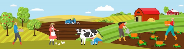 Landwirtarbeit auf Feldillustration der Farm, flache Karikaturleute auf Ackerlandlandschaft, Milchkuh, füttern Huhn oder pflanzen Gemüse