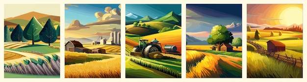 Landwirtschaft natur landwirtschaft ernte feld bäume leere vektor illustrationssatz fünf vertikale plakate