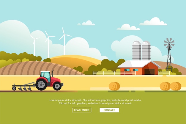 Landwirtschaft und Landwirtschaft. Landwirtschaft. Ländliche Landschaft. Gestaltungselemente für Infografiken, Websites und Printmedien. Illustration.