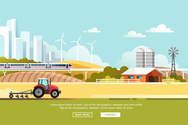 Landwirtschaft und Landwirtschaft. Landwirtschaft. Ländliche Landschaft mit Silhouette Megapolis und Zugschiene.