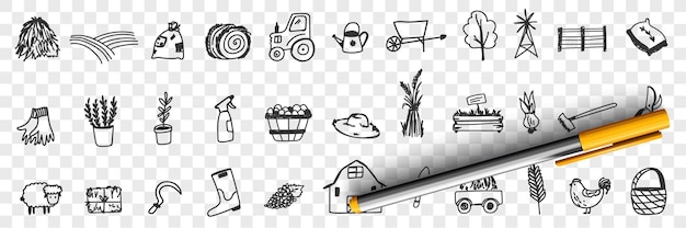 Landwirtschaft werkzeuge und ausrüstung gekritzel set illustration