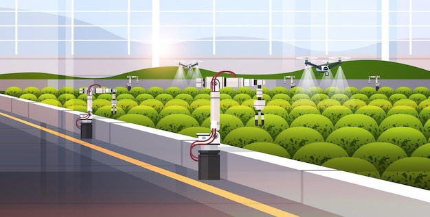 landwirtschaftliche Drohnen-Spritzgeräte Quad-Copter, die fliegen, um chemische Düngemittel im Gewächshaus zu versprühen Smart Farming-Innovationstechnologie