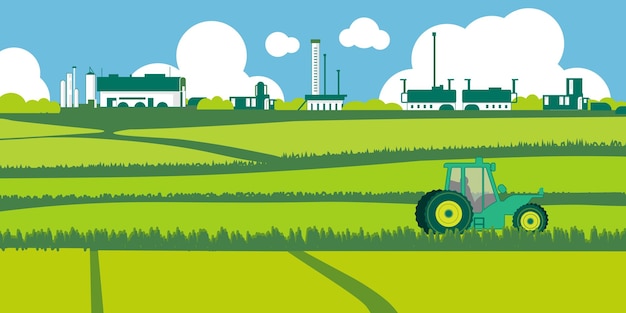 Landwirtschaftliche Landschaft mit ländlichen Feldern, landwirtschaftlichen Gebäuden