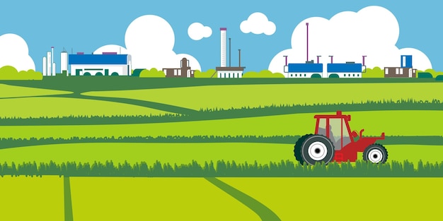 Landwirtschaftliche Landschaft mit ländlichen Feldern, landwirtschaftlichen Gebäuden
