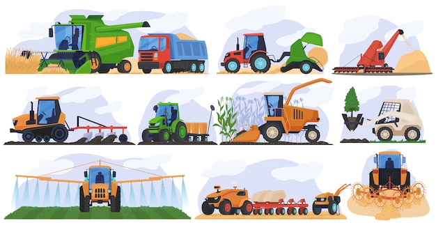 Vektor landwirtschaftliche landwirtschaftliche maschinen fahrzeug set illustration der landwirtschaft traktor heuballenpresse, mähdrescher.