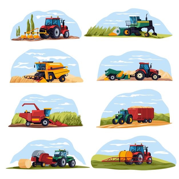Landwirtschaftliche Maschinen Landwirtschaftsfahrzeug Landwirtschaftliche Erntemaschine Kombinierer Bodenbearbeitung Saatgut Düngerbreiter Sprühen Traktor Feldsaatmaschine jüngste Vektorillustration