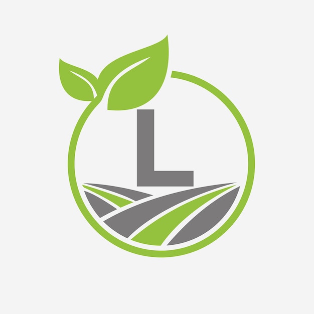 Landwirtschaftslogo auf buchstabe l mit blatt- und feldsymbol vorlage für landwirtschaftliche logotypen