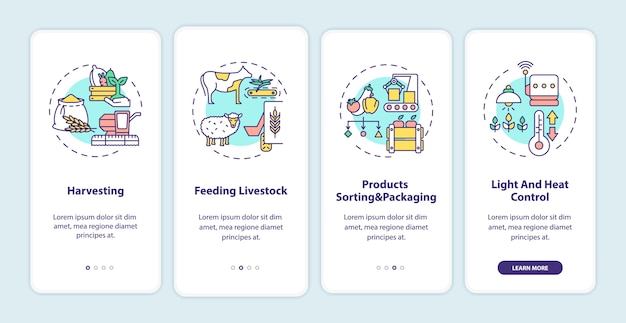 Landwirtschaftsmaschinen typen onboarding mobile app seite bildschirm mit konzepten.