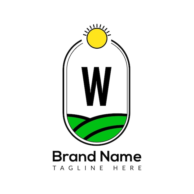Landwirtschaftsschablone auf w-brief. ackerland-logo, agro farm, öko-farm-logo-design mit sonnensymbol.