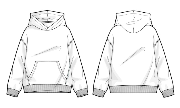 Vektor langarm-hoodie technische zeichnung mode flache skizze vektor illustration vorlage vorne und hinten