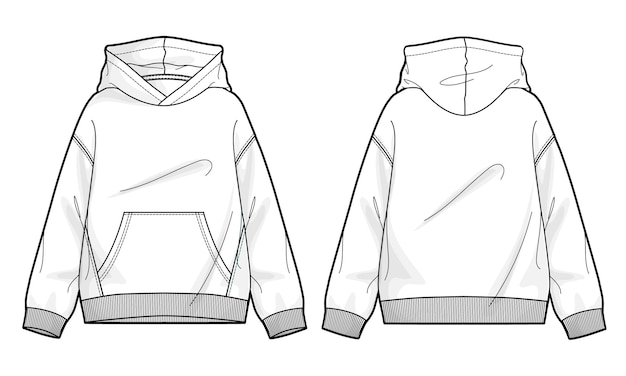 Langarm-Hoodie technische Zeichnung Mode flache Skizze Vektor Illustration Vorlage vorne und hinten