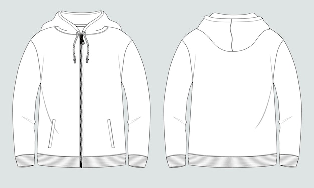 Vektor langarm-hoodie, technische zeichnung, mode, flache skizze, vektor-illustrationsvorlage