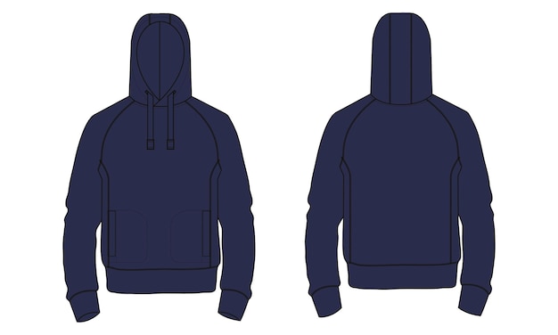 Vektor langarm-kapuzenpullover in marineblau, vektorgrafik-vorlage, vorder- und rückansicht