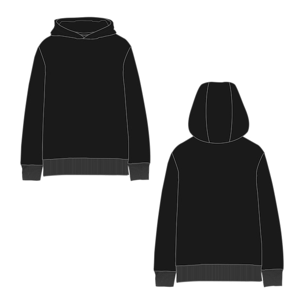 Vektor langarm-kapuzenpullover in schwarzer farbe, vektorgrafik-vorlage, vorder- und rückansicht