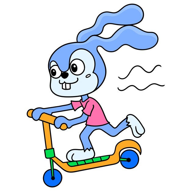 Langohrkaninchen, das auf einem roller herum spielt, gekritzel zeichnen kawaii. vektorillustrationskunst