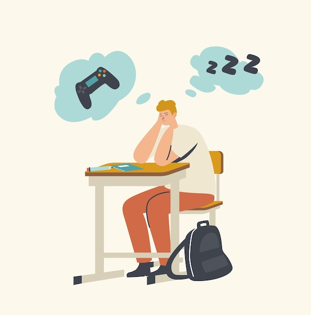 Langweiliger teenager, der mit geschlossenen augen am schreibtisch sitzt, einen vortrag über den unterricht hört und an computerspiel oder schlaf denkt
