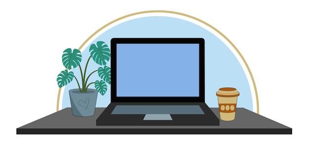 Laptop-Arbeitsraum mit Kaffee- und Pflanzenillustration