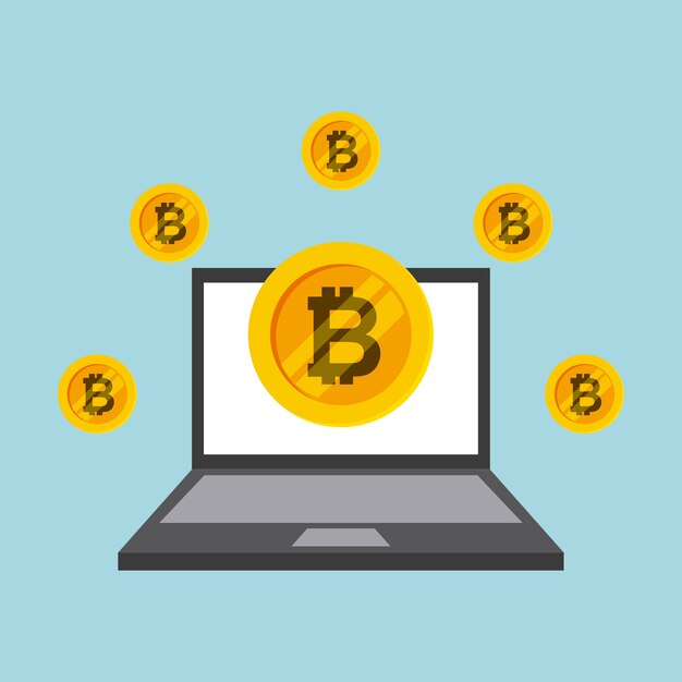 Laptop-Computer mit Bitcoin-Münzen herum