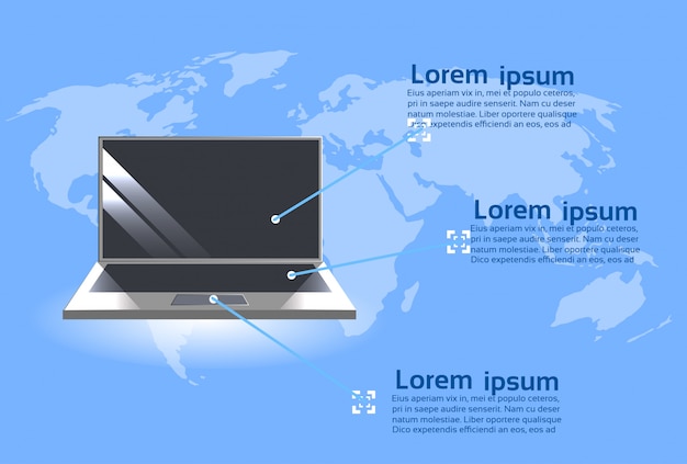 Laptop-computer über weltkarten-hintergrund-moderner technologie infographics-schablonen-fahne