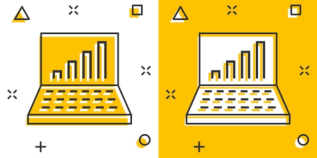 Laptop-diagrammsymbol im comic-stil seo-daten-cartoon-vektorillustration auf weißem, isoliertem hintergrund geschäftskonzept für den splash-effekt des computerdiagramms