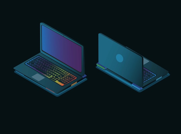 Laptop-gaming mit rgb-licht auf dem isometrischen illustrationsvektor der tastatur