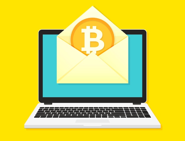 Laptop mit bitcoin in flacher designillustration des umschlags